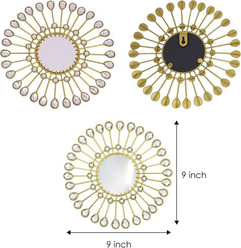3 PCS Metal Sunburst Mirrors for Wall, Decorative Rhinestones Starburst Wall Mirrors Home Décor, Metal Wall Art for Living Room Bedroom Entryway (Black) in Saudi Arabia