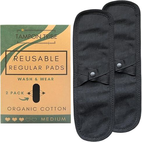 تامبون ترايب - فوط صحية قابلة لإعادة الاستخدام (عبوتان) - وسادات قماش قطنية عضوية خالية من النفايات - قابلة للغسل، خالية من التسرب، خالية من الروائح، خالية من السموم، وسادات صحية صديقة للبيئة للنساء - امتصاص متوسط in Kuwait