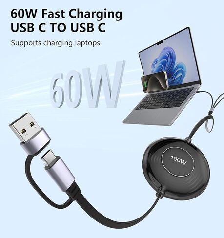 كابل شحن متعدد، كابل USB C قابل للسحب 100 واط، أساسيات السفر، 5 في 1 USB A/C إلى USB C/Lightning/Micro USB سلك شحن سريع لهاتف iPhone 15/14/13 وSamsung وMacBook وiPad وKindle in Saudi Arabia