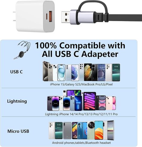 كابل شحن متعدد، كابل USB C قابل للسحب 100 واط، أساسيات السفر، 5 في 1 USB A/C إلى USB C/Lightning/Micro USB سلك شحن سريع لهاتف iPhone 15/14/13 وSamsung وMacBook وiPad وKindle in Saudi Arabia