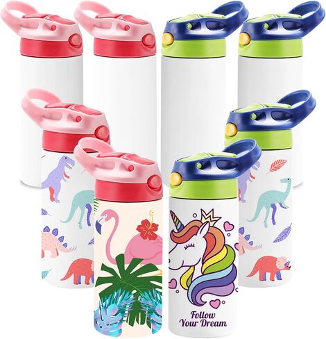 OFFNOVA 12oz Kids Sublimation Tumbler, 8 Pack Kids Sublimation Tumbler Blank with One-click Pop-up Straw and Handle for Heat Transfer, Children Sublimation Cups for Milk, Soda, Juice, Drinks in Saudi Arabia