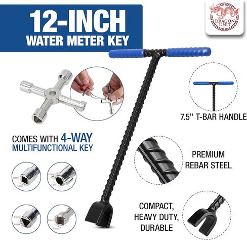 Water Meter Key 12 Inch - Durable Rebar Steel T-Handle with 4-Way Multi-Functional Utility Key for Water Meter Valves, Curb Valves in Saudi Arabia