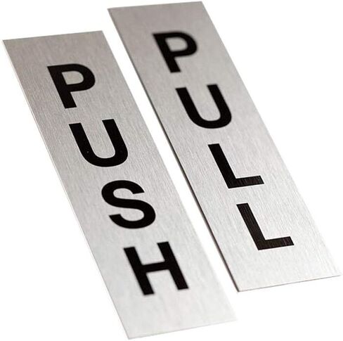Metal Push Pull Door Signs | 1.5" x 5" Brushed Silver Aluminum, Set of 2 | Push Pull Signs for Interior Doors | 3M Adhesive on Back of Sign | Ready to Hang in Saudi Arabia