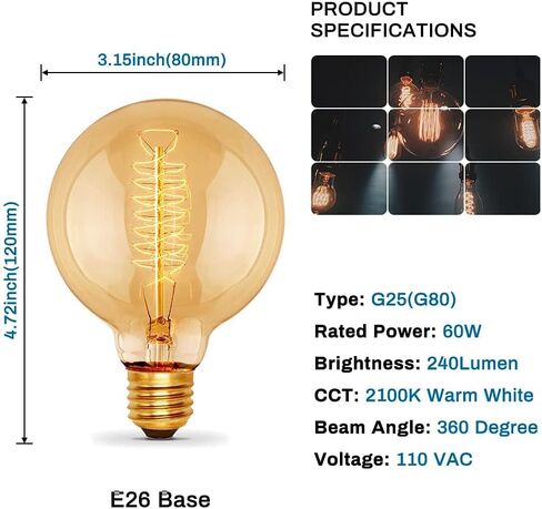 g25 غلوب اديسون لمبة، 60w خمر جولة اديسون لمبة، خمر ضوء لمبة، الأزياء القديمة عكس الضوء المصابيح المتوهجة الرجعية، 2100k الأبيض الدافئ، 240 شمعة، e26، زجاج العنبر، 6 حزمة in Saudi Arabia