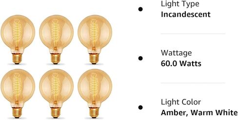 g25 غلوب اديسون لمبة، 60w خمر جولة اديسون لمبة، خمر ضوء لمبة، الأزياء القديمة عكس الضوء المصابيح المتوهجة الرجعية، 2100k الأبيض الدافئ، 240 شمعة، e26، زجاج العنبر، 6 حزمة in Kuwait