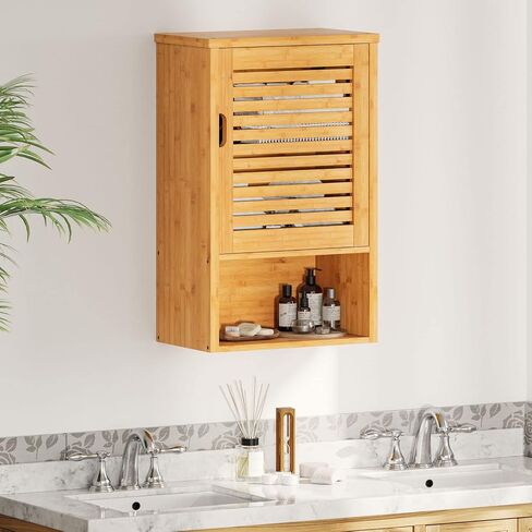 VIAGDO Wall Cabinet Bathroom Storage Cabinet Wall Mounted with Adjustable Shelves Inside, Double Door Medicine Cabinet, Utility Cabinet Organizer Over Toilet, Bamboo, 23.2''Lx8.3''Wx20.1''H in Saudi Arabia