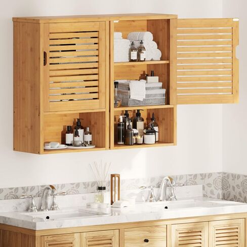 VIAGDO Wall Cabinet Bathroom Storage Cabinet Wall Mounted with Adjustable Shelves Inside, Double Door Medicine Cabinet, Utility Cabinet Organizer Over Toilet, Bamboo, 23.2''Lx8.3''Wx20.1''H in Saudi Arabia