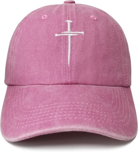 Three 3 Nails Cross Baseball Cap, Religious Gifts for Men Women, Washed Pink Embroidered Christian Hats Denim Dad Hat in Saudi Arabia