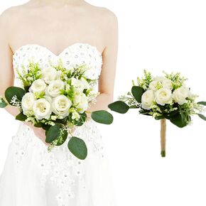 Bridesmaid Bouquets for Wedding Artificial Burgundy Ivory Flowers Eucalyptus Bouquets 1 Pack Pre- Made Small Floral Wedding Centerpieces Party Ceremony Anniversary Dinning Table Decor