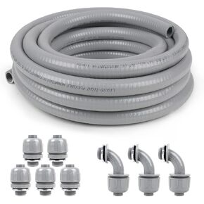 1 inch 25ft Liquid-Tight Conduit and Connector Kit,Flexible Non Metallic Liquid Tight Electrical Conduit Kit with 5 Straight and 3 90-Degree Conduit Connector Fittings,1in. Dia…