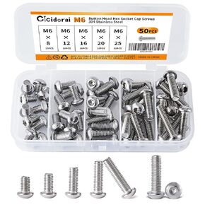 M6 x 10mm 12mm 16mm 20mm 25mm Button Head Socket Cap Screws Bolts, Stainless Steel 304, Metric Allen Hex Drive, Fully Threaded, Bright Finish, Assortment Kit 50PCS