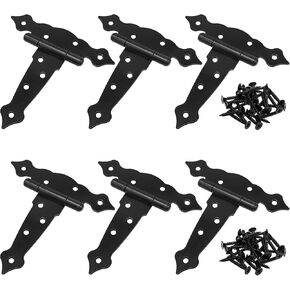 6 Pack 5 Inch Shed Door Hinges Barn Door Hinges T Shape Strap Hinges with Screws Decorative Classic Black Gate Hinge for Fences, Windows, Sheds, Doors