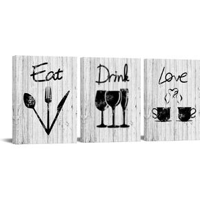 OuElegent Kitchen Canvas Wall Art Eat Love Sign Painting Pictures Rustic Wood Texture Prints Black Gray Modern Artwork for Home Restaurant Cafe Bar Wall Decor Framed Ready to Hang 12"x16"x3Pcs