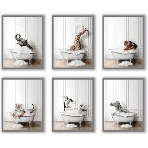 SYCART,Funny Bathroom Decor Wall Art Poster Prints – Unframed Set of 6 (8''x10'' Inch) – Bathroom Wall Decor, Animal Giraffe Penguin Elephant Bathroom Pictures for Wall Decor,Poster for Bathroom