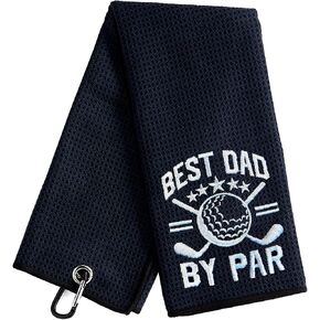 Best Dad by Par Funny Black Golf Towel, Embroidered Golf Towels with Clip for Dad, Men, Golfer, Golf Lover, Grandpa Retirement Father’s Day Christmas Birthday Gifts, 16'' x 24''