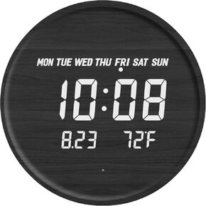 Wooden Digital Wall Clock Silent Led Clock Digital Smart Time Clocks Night Lighted Large Display with Temperature 12/24h Non-Ticking Wall Clock Decor for Office Bedroom Living Room Kitchen 12 Inch
