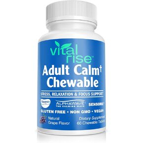 Adult Calm Chewable - Relaxation Support, Stress Relief & Focus, with Magnesium, L-Theanine, Ashwagandha - Gluten Free, Sugar Free, Vegan– Grape Flavor - 60 Count