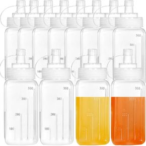 Dicunoy 12 Pack 12 OZ Plastic Squeeze Bottles, Square Condiments Squirt Bottles for Sauce, Wide Mouth Reusable Salad Dressing Bottles for BBQ, Ketchup, Grilling, Syrup, Cocktail Sauce, Dressings