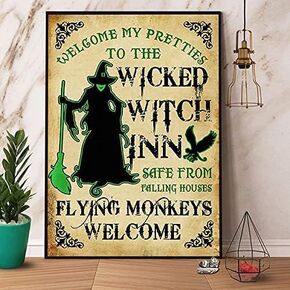 Witch Flying Monkeys Welcome My Pretties Halloween Metal Sign Tin Sign Kitchen Pub Funny Novelty Coffee Bar Club Wall Poster Garden Farm Man Cave 8x12 Inch