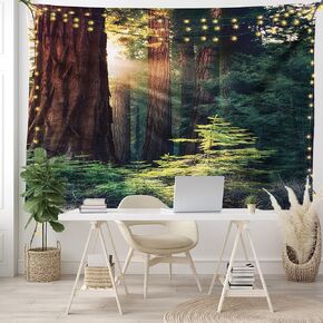 Ambesonne Woodland Tapestry, Redwood Trees Northwest Rain Forest Tropical Scenic Wild Nature Branch, Wide Wall Hanging for Bedroom Living Room Dorm, 80" X 60", Green and Brown