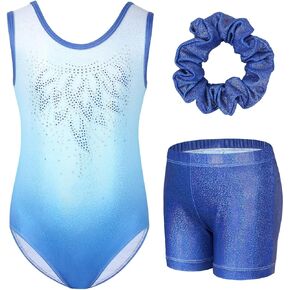 Gogokids Gymnastics Leotards for Girls, Sleeveless Rhinestone Kids Dance Unitards Biketards with Shorts and Hair Scrunchie