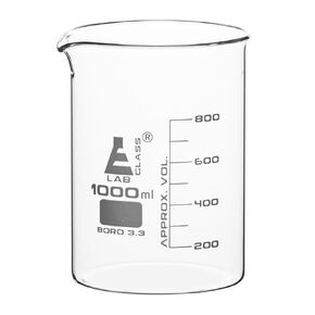 EISCO Beaker, 1000ml - Low Form with Spout - White, 100ml Graduations - Borosilicate 3.3 Glass
