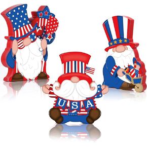 3 Pieces Patriotic Table Decorations American Gnome Wooden Signs Wood Freestanding Table Centerpieces for American Independence Day Memorial Day Veteran Day Party Decor (Chic Style)