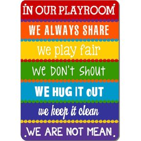 Playroom Rules Sign - Childrens Wall Art - Kids Room Decor - Rainbow Playroom Metal Signage 8×12 Inches
