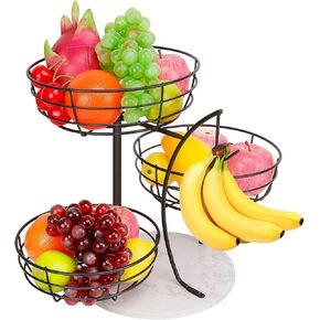 Livabber Fruit Basket Bowl with Banana Hanger, Metal Fruit Vegetable Storage Basket with Banana Holder for Kitchen Counter, Detachable Organizer for Bread Snack Produce (Black, 3-Tier Marble Base)