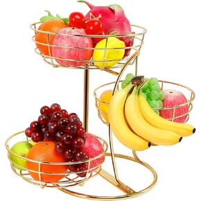 Livabber Fruit Basket Bowl with Banana Hanger, Metal Fruit Vegetable Storage Basket with Banana Holder for Kitchen Counter, Detachable Organizer for Bread Snack Produce (Black, 3-Tier Marble Base)