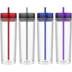 Maars Drinkware Double Wall Insulated Skinny Acrylic Tumblers with Straw and Lid, 16 oz. (4 pack, Clear)