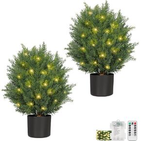 5FT Topiary Trees Artificial Outdoors 2 Pack, Two 4 Foot UV Resistant Faux Cedar Topiary Ball for Outdoor Front Porch Door, Set of 2 Fake Pine Cypress Tree with Led String Light