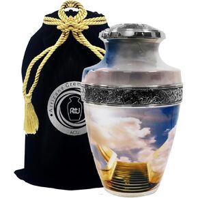 Artizans Cremation Urns-Brass Cremation Urn for Adult Ashes-Golden Stairway to Heaven(Silver, Large)