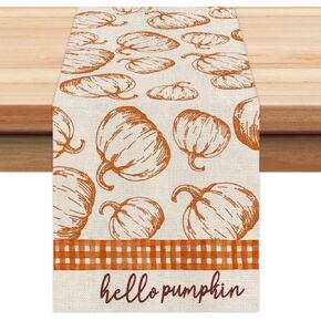 ARKENY Fall Hello Pumpkin Orange Table Runner 13x60 Inches, Buffalo Plaid Holiday Indoor Outdoor Table Decoration for Home