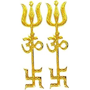 Golden Trishakti Yantra Trishul Om Swastika 6 Decorative Spiritual Vastu Religious Wall Home Decor Car Kitchen Pooja Mandir Temple Hanging Good Luck Showpiece Set of 2,Medium