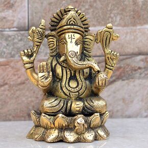 Ganesh Sitting lotus - Ganesh, Ganpati, Brass Statue Indian Hand Crafted Religious Sculpture of Ganesha (4 INCH)