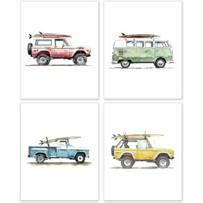 BESERH Coastal Beach Surfing Vehicle Wall Art Set of 4 - Beachy Room Decor Aesthetic, Surf Room Decor, Summer Room Decor, Coastal Wall Decor, Nautical Wall Art Decor, 8x10 Inches Unframed