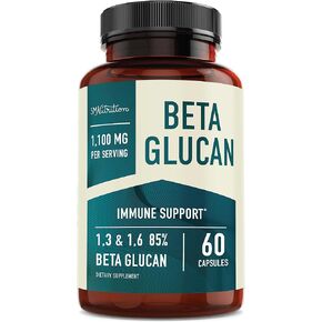 Beta Glucan Supplement 1100mg for Immunity, Skin & Gut Support | 1,3D & 1,6 Beta Glucans Extra Strength Formula | 85% Concentrated & Over 500mg Per Capsule | Non-GMO, Vegan, Gluten-Free 60ct