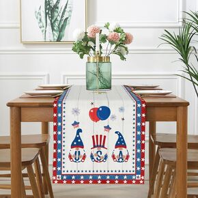 JOOCAR Strip and Star American Flag Gnomes 4th of July Table Runner 72 Inches Long Linen Burlap Table Runner Patriotic Memorial Day Independence Day Kitchen Dining Table Decoration for Home Party