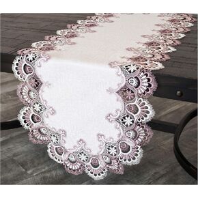 White Mauve Rose Jacquard Peacock Tail Lace Table Runner, Dresser Scarf, Coffee Table Runner, Pink Light Purple (16Wx35L)