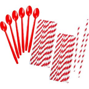 Red Plastic Sundae/Soda Spoons - 8 Inch - Party Supply - Red Paper Straws - 50 Each