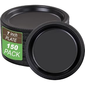 WELLIFE 7 Inch Black Dessert Plates 150 Count, Black Plastic Plates for Party, Black Plastic Dessert Plates, Disposable Cake Plates for Dessert, Appetizers and Salad