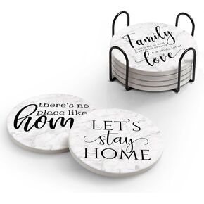 Coasters for Drinks, Set of 6 Absorbent Drink Coasters with Holder, Rustic Ceramic Drink Coasters with Cork Backing for Table Protection, Housewarming Gifts, Farmhouse Décor