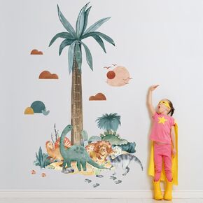 Whaline 6 Sheets Boho Dinosaur Growth Height Wall Decals Stickers Cartoon Watercolor Height Growth Chart Wall Stickers Dinosaur Cloud Tree Removable for Living Room Kindergarten Decor