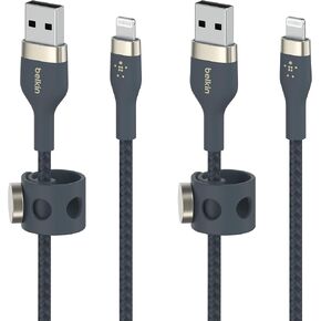 Belkin BoostCharge Pro Flex Braided USB Type A to Lightning Cable (2M/6.6FT), MFi Certified Charging Cable for iPhone 13, 12, 11, Pro, Max, Mini, SE, iPad and More, 2-Pack, Blue