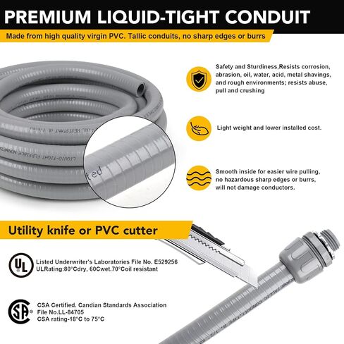 1 inch 25ft Liquid-Tight Conduit and Connector Kit,Flexible Non Metallic Liquid Tight Electrical Conduit Kit with 5 Straight and 3 90-Degree Conduit Connector Fittings,1in. Dia… in Saudi Arabia