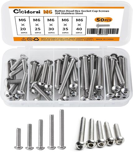 M6 x 10mm 12mm 16mm 20mm 25mm Button Head Socket Cap Screws Bolts, Stainless Steel 304, Metric Allen Hex Drive, Fully Threaded, Bright Finish, Assortment Kit 50PCS in Saudi Arabia