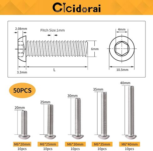 M6 x 10mm 12mm 16mm 20mm 25mm Button Head Socket Cap Screws Bolts, Stainless Steel 304, Metric Allen Hex Drive, Fully Threaded, Bright Finish, Assortment Kit 50PCS in Saudi Arabia