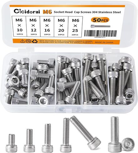 M6 x 10mm 12mm 16mm 20mm 25mm Button Head Socket Cap Screws Bolts, Stainless Steel 304, Metric Allen Hex Drive, Fully Threaded, Bright Finish, Assortment Kit 50PCS in Saudi Arabia