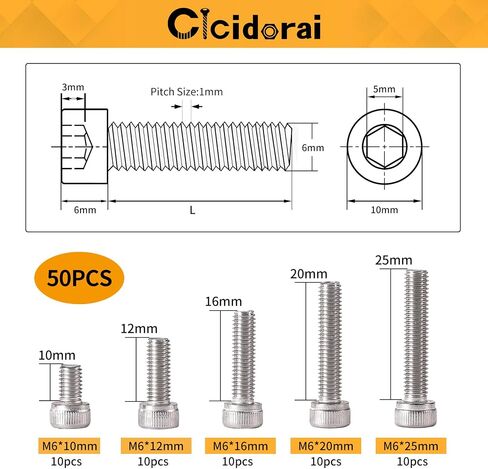 M6 x 10mm 12mm 16mm 20mm 25mm Button Head Socket Cap Screws Bolts, Stainless Steel 304, Metric Allen Hex Drive, Fully Threaded, Bright Finish, Assortment Kit 50PCS in Saudi Arabia